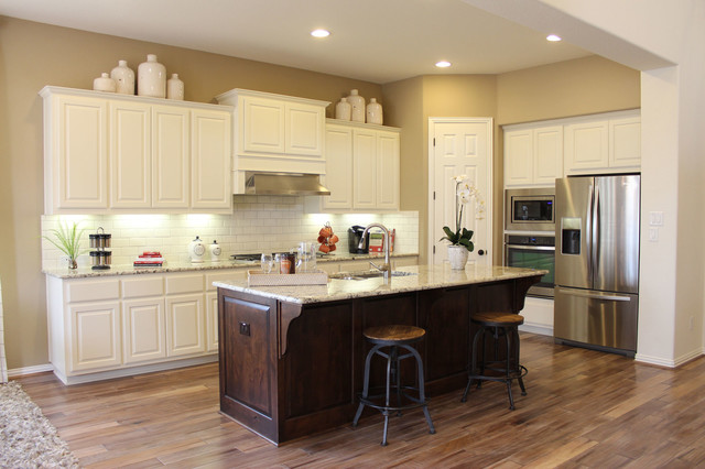 Dark Stained Island By Burrows Cabinets, White Kitchen Cabinets With Darker Island