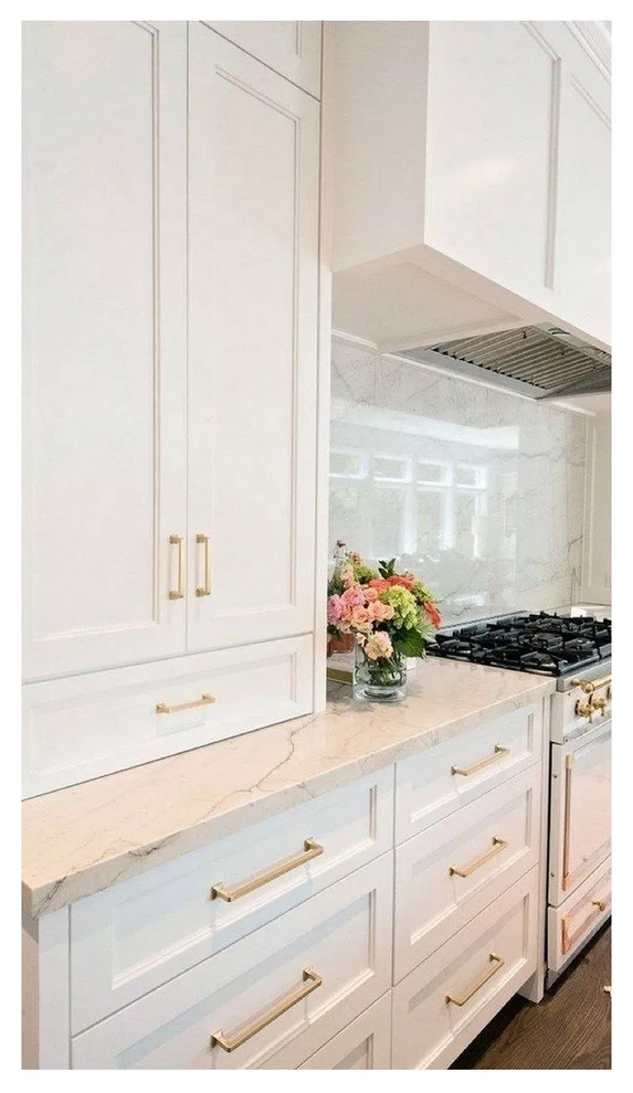 Idéer för ett mellanstort klassiskt vit kök, med luckor med infälld panel, vita skåp, marmorbänkskiva, vitt stänkskydd, stänkskydd i marmor, vita vitvaror, mellanmörkt trägolv och brunt golv