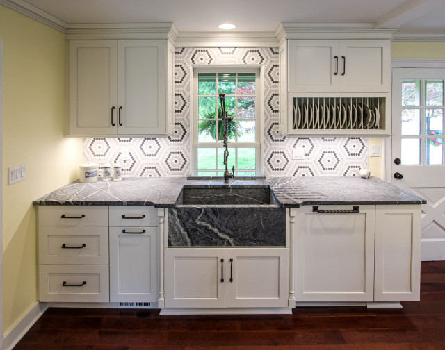White Grey Countertops and Edgy Tile Backsplash