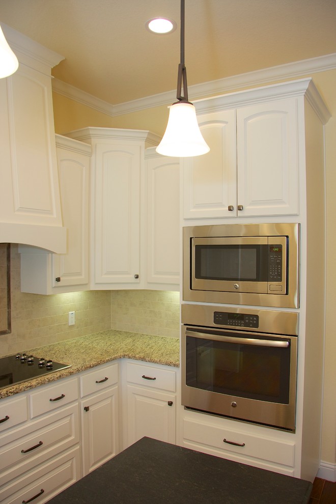 White Cabinets with Raised Panel Doors , Custom Vent Hood ...