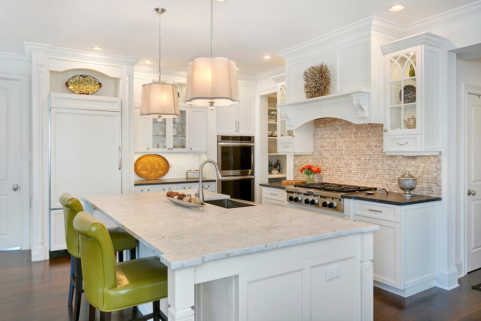 Example of a mid-sized transitional l-shaped plywood floor eat-in kitchen design in New York with a farmhouse sink, recessed-panel cabinets, white cabinets, stainless steel appliances and an island