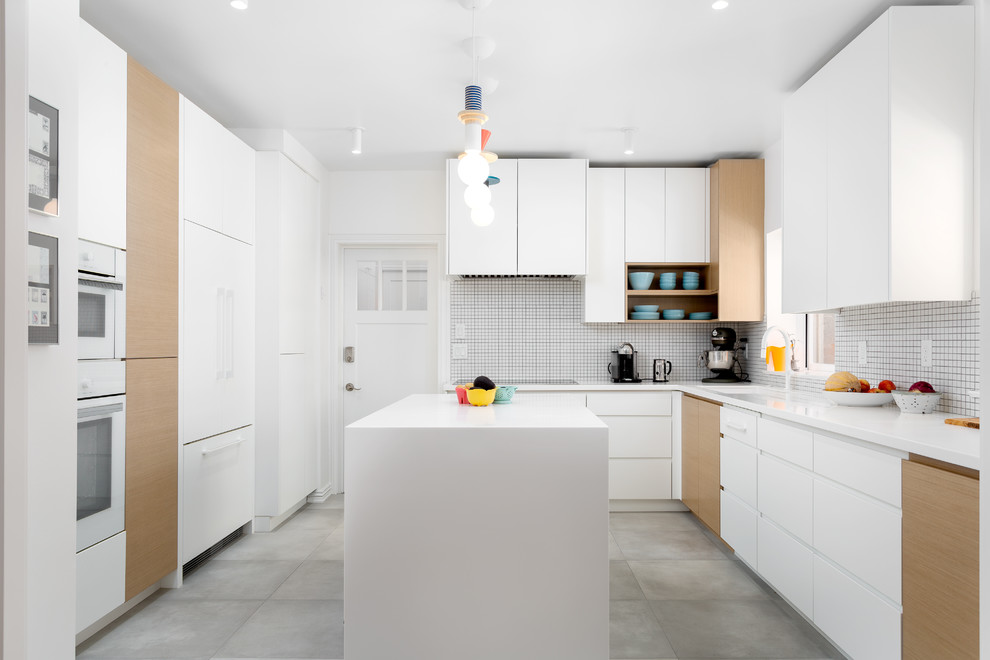 This is an example of a medium sized scandi l-shaped enclosed kitchen in Salt Lake City with a submerged sink, flat-panel cabinets, white cabinets, engineered stone countertops, white splashback, ceramic splashback, white appliances, cement flooring, an island, grey floors and yellow worktops.