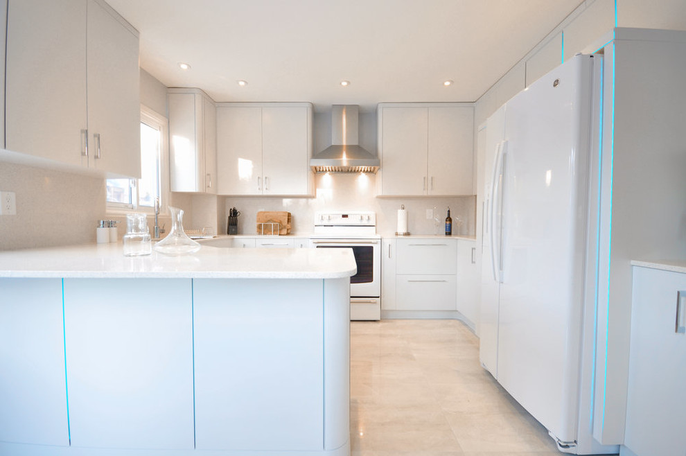 Example of a mid-sized trendy u-shaped porcelain tile and beige floor kitchen design in Toronto with an undermount sink, flat-panel cabinets, white cabinets, quartz countertops, white backsplash, white appliances and no island