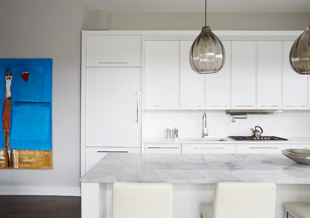 White Flat Front Cabinetry With Smokey, Flat White Cabinets