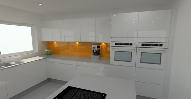 White Gloss Handleless Kitchen With Stainless Steel Worktops And Orange Splashba Meridien Interiors Img~ead17b3304f70467 4 6587 1 32afbf9 