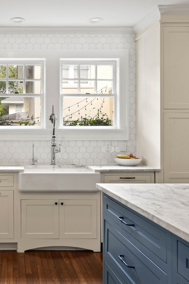 White Hex Tiles with Farmhouse Sink Transitional Kitchen