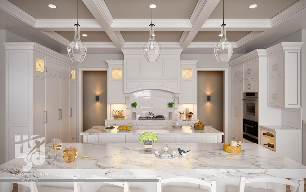 White Kitchen Cabinets, Lamp With Nice Box Ceiling, Interior Rendering ...