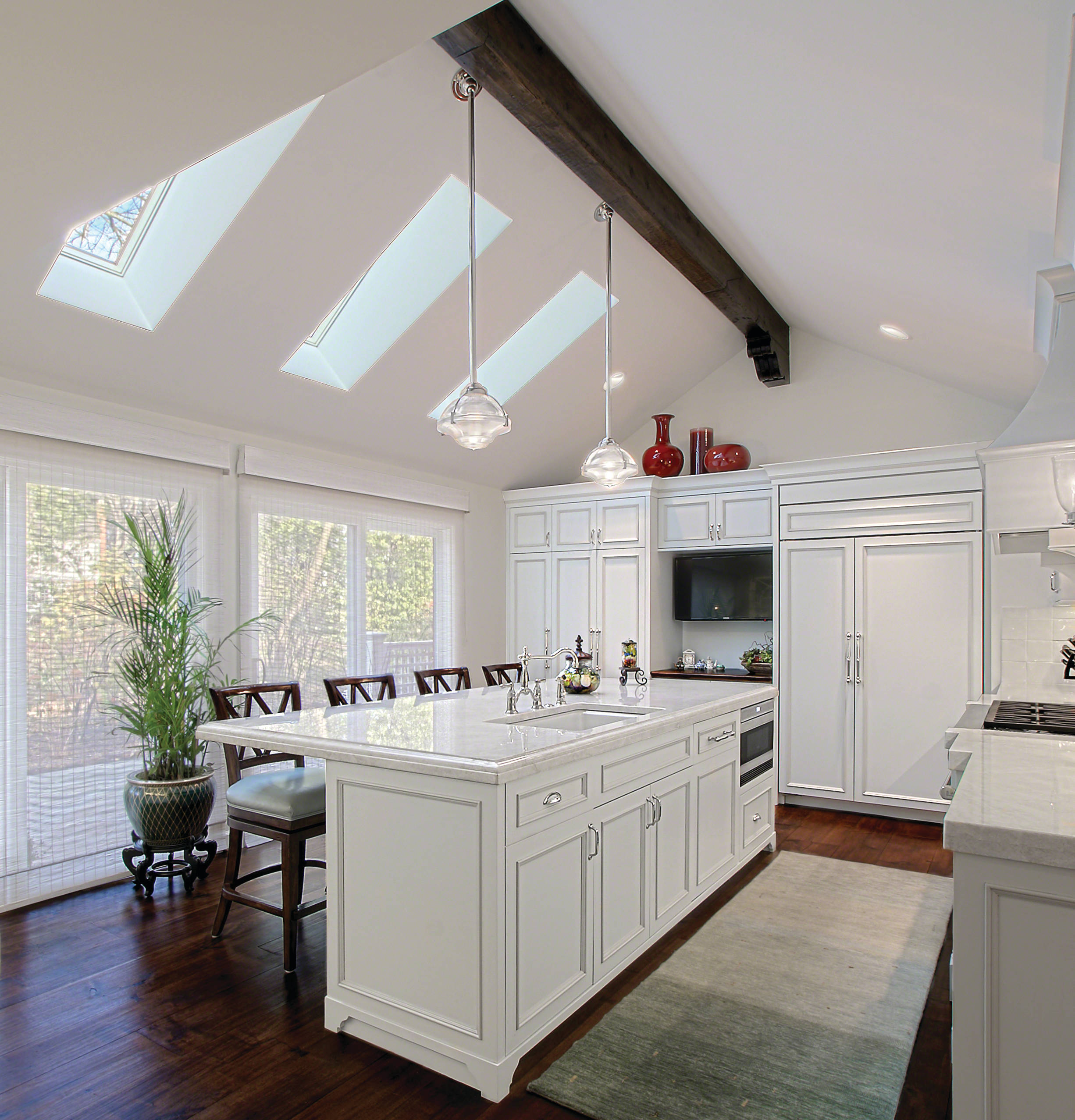 Vaulted Ceiling With Beams And Skylights Shelly Lighting