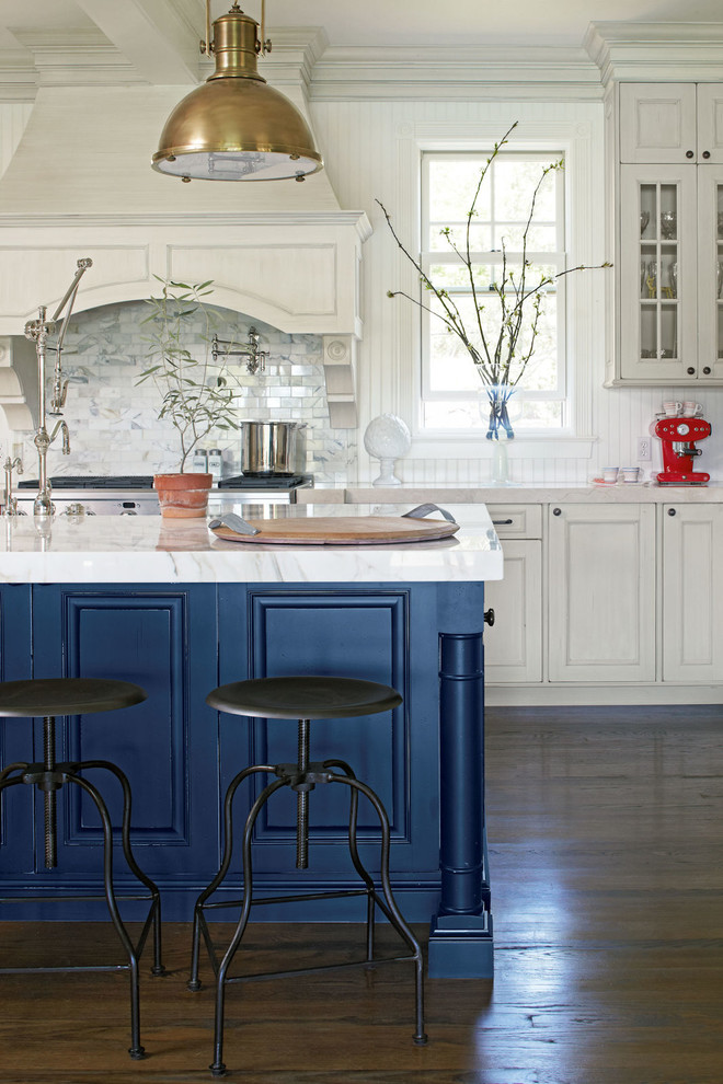 White Kitchen With Blue Island Farmhouse Kitchen Los Angeles By Showcase Kitchens And Baths Houzz