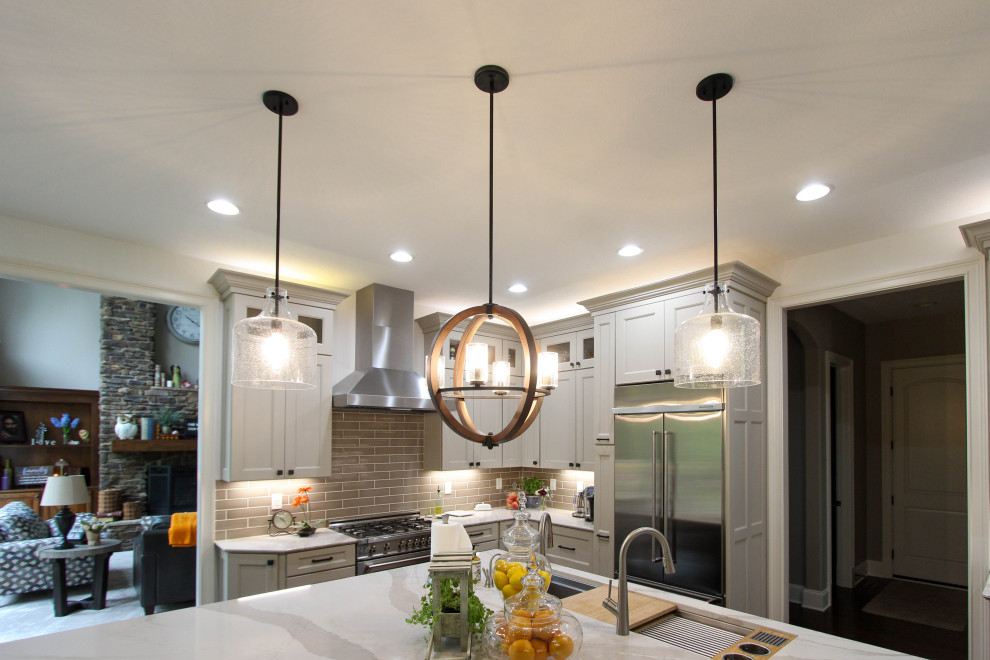 White Kitchen with Espresso Island, Galley Sink, Cambria Britannica ...