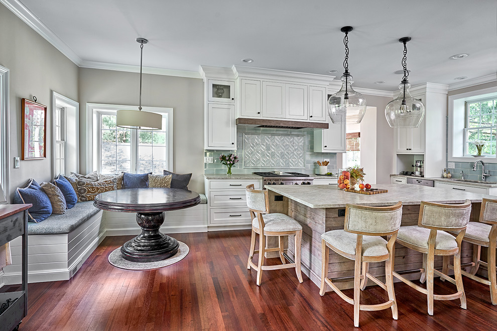 Large transitional galley medium tone wood floor and red floor eat-in kitchen photo in Chicago with an undermount sink, beaded inset cabinets, white cabinets, quartzite countertops, blue backsplash, ceramic backsplash, stainless steel appliances, an island and gray countertops