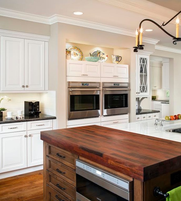 White Kitchen with Walnut Butcher Block Island - Transitional - Kitchen
