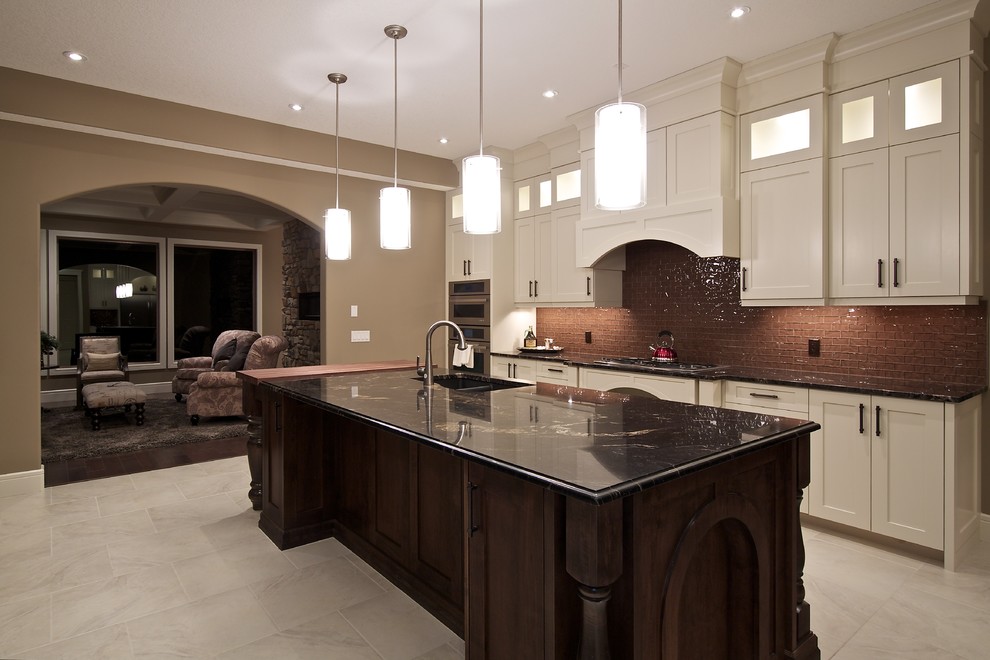 White Kitchen with wood island, butcher block top Kitchen Calgary