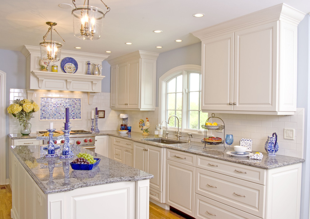 White Modern Classic Kitchen, Blue Eyes Granite Countertops Kitchen Design
