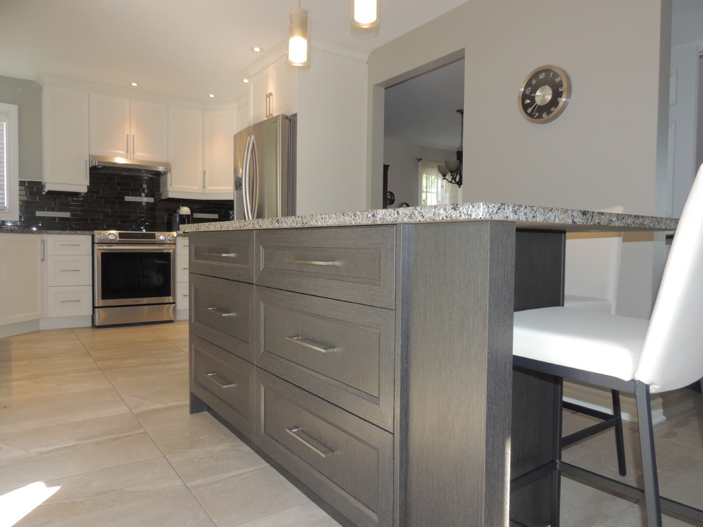 White polyester kitchen with functional dark island Contemporary