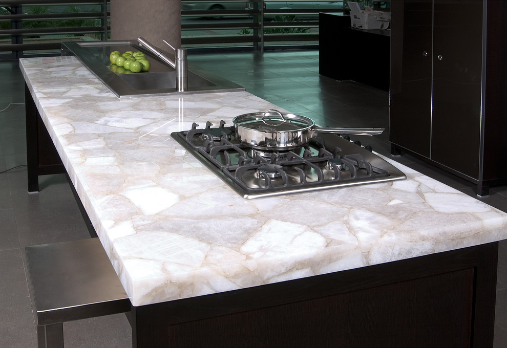 White Quartz Kitchen Island Modern Kitchen New York by ZICANA