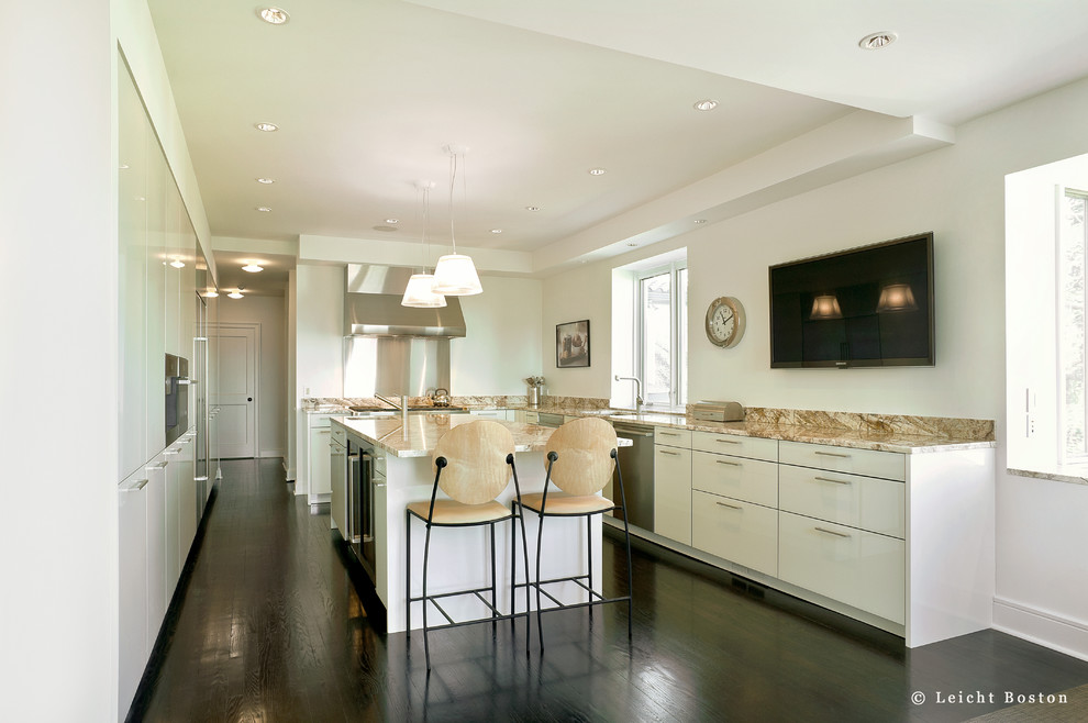 Photo of a large modern u-shaped kitchen/diner in Boston with a submerged sink, flat-panel cabinets, white cabinets, granite worktops, stainless steel appliances, dark hardwood flooring and an island.