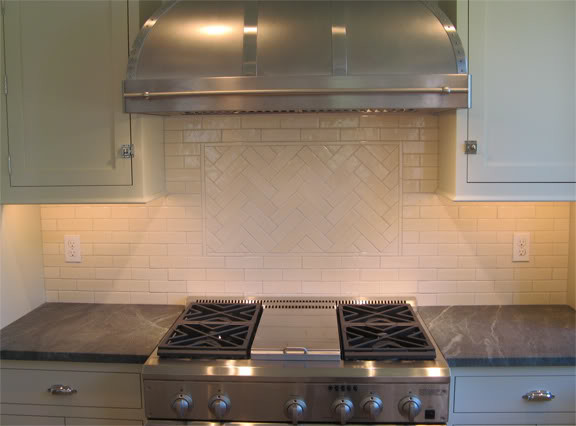 White Subway Tile in Herringbone Pattern - Transitional - Kitchen