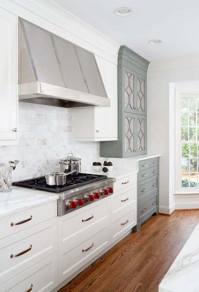 White Transitional Kitchen with Gray Island - Transitional - Kitchen ...