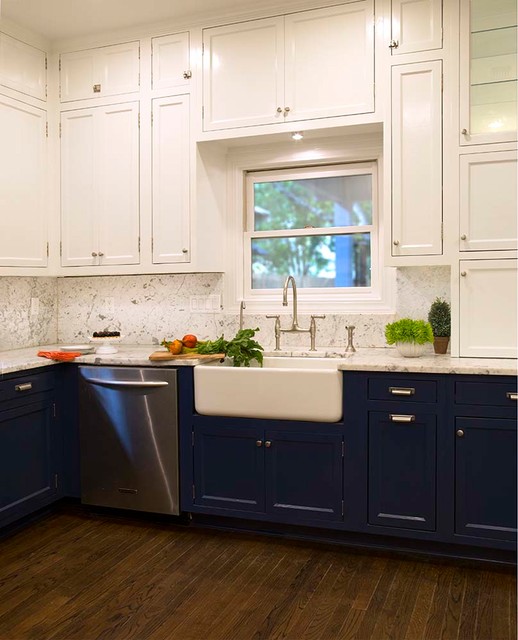 White Upper And Dark Blue Lower Cabinets In A Fantastic Kitchen Transitional Kitchen Other By Paper Moon Painting Houzz