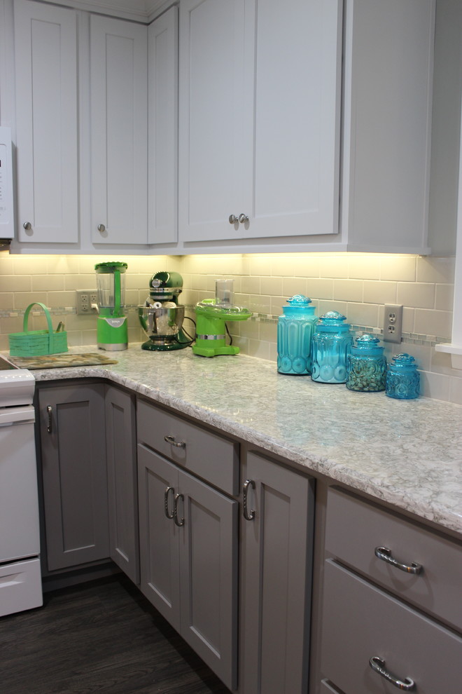 White Upper Cabinet and Gray Base Cabinet Kitchen With Quartz Counters - Traditional - Kitchen ...