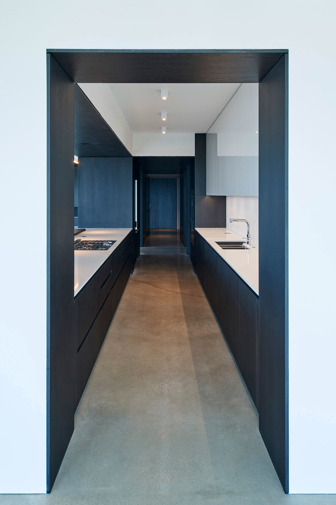 Mid-sized minimalist galley concrete floor and gray floor eat-in kitchen photo in Other with flat-panel cabinets and black cabinets