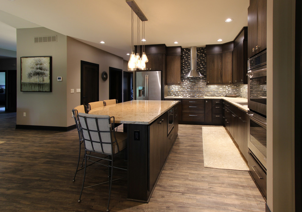 Mid-sized trendy l-shaped dark wood floor open concept kitchen photo in Other with an undermount sink, flat-panel cabinets, dark wood cabinets, quartzite countertops, metallic backsplash, stainless steel appliances and an island