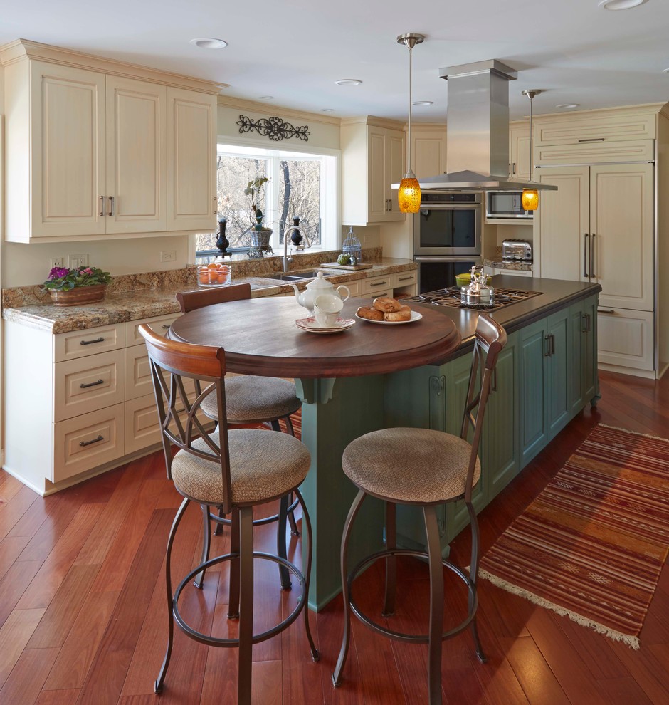 Inspiration for a large transitional l-shaped medium tone wood floor and brown floor kitchen remodel in Chicago with an undermount sink, raised-panel cabinets, beige cabinets, granite countertops, paneled appliances and an island