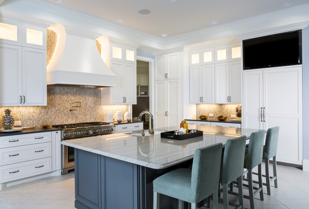 Large transitional kitchen photo in Charlotte with an island, an undermount sink, recessed-panel cabinets, white cabinets, multicolored backsplash and paneled appliances