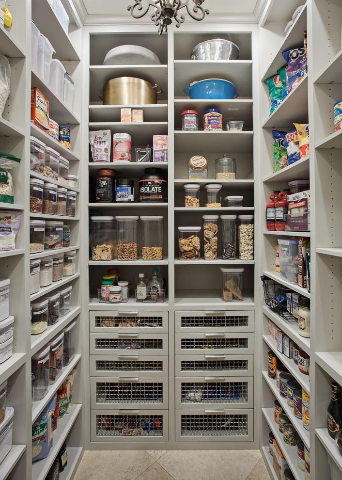 Example of a mid-sized classic u-shaped beige floor and travertine floor kitchen pantry design in Houston with open cabinets, gray cabinets and no island