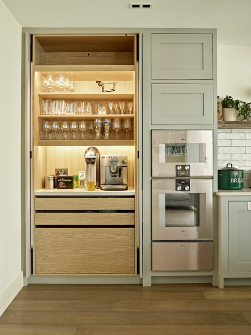 Concealed Coffee Station: Kitchen Coffee Bar Ideas Behind Pocket Doors