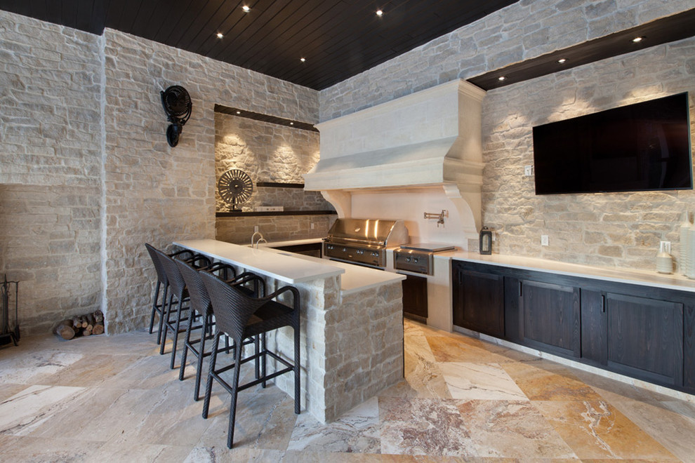 Example of a large mountain style u-shaped ceramic tile eat-in kitchen design in Orlando with an undermount sink, shaker cabinets, dark wood cabinets, solid surface countertops, beige backsplash, stone tile backsplash, stainless steel appliances and a peninsula