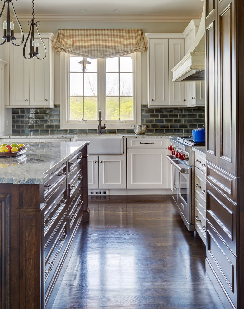 Window Above White Farm Sink with Two-Tone Cabinetry - Traditional ...