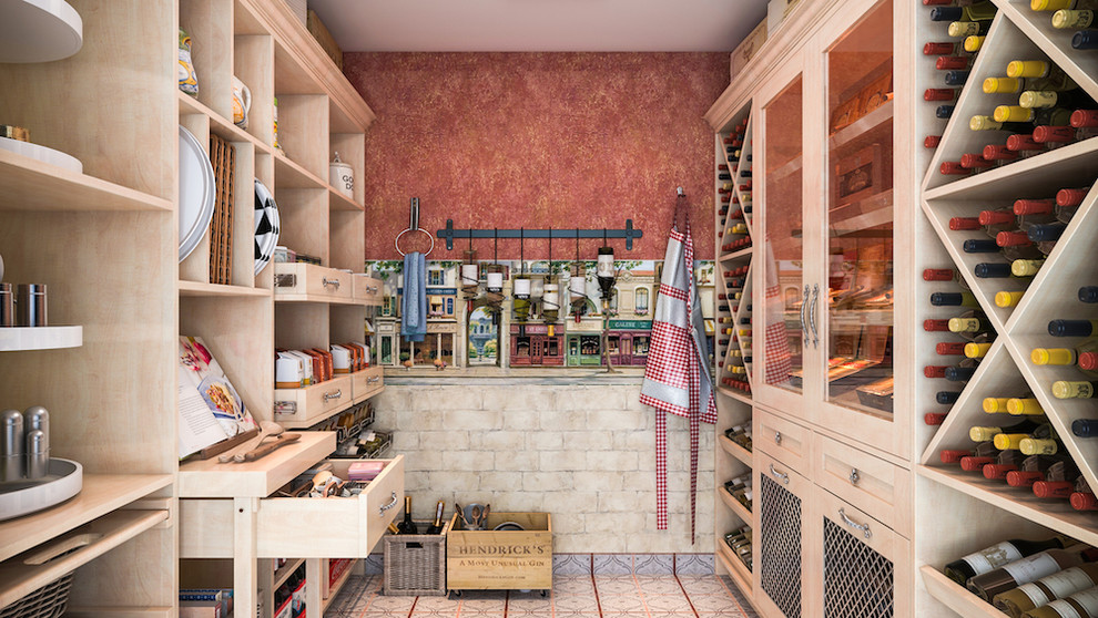 Medium sized mediterranean kitchen pantry in Los Angeles with flat-panel cabinets, light wood cabinets, wood worktops and lino flooring.