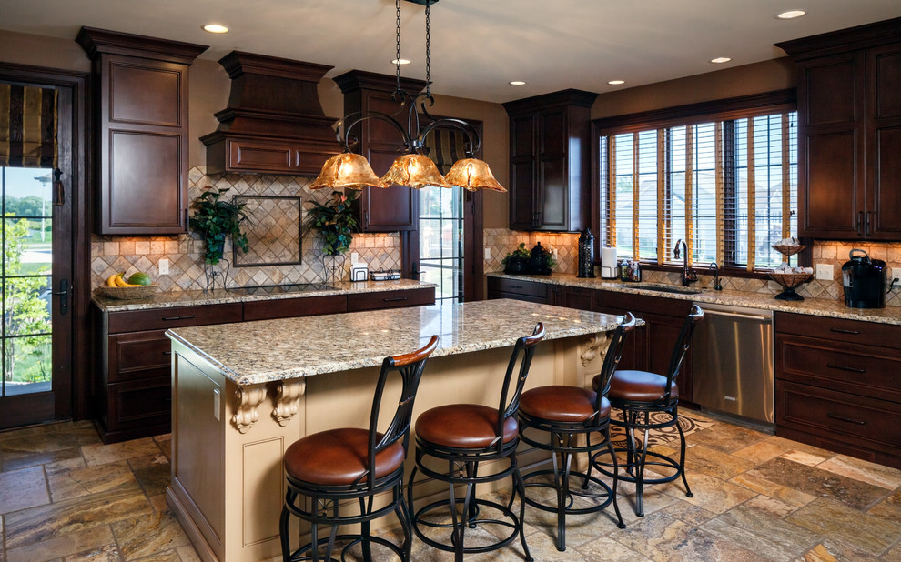 Inspiration for a traditional u-shaped kitchen/diner in Grand Rapids with a submerged sink, recessed-panel cabinets, dark wood cabinets, engineered stone countertops, multi-coloured splashback, ceramic splashback, stainless steel appliances, ceramic flooring, an island and multi-coloured floors.