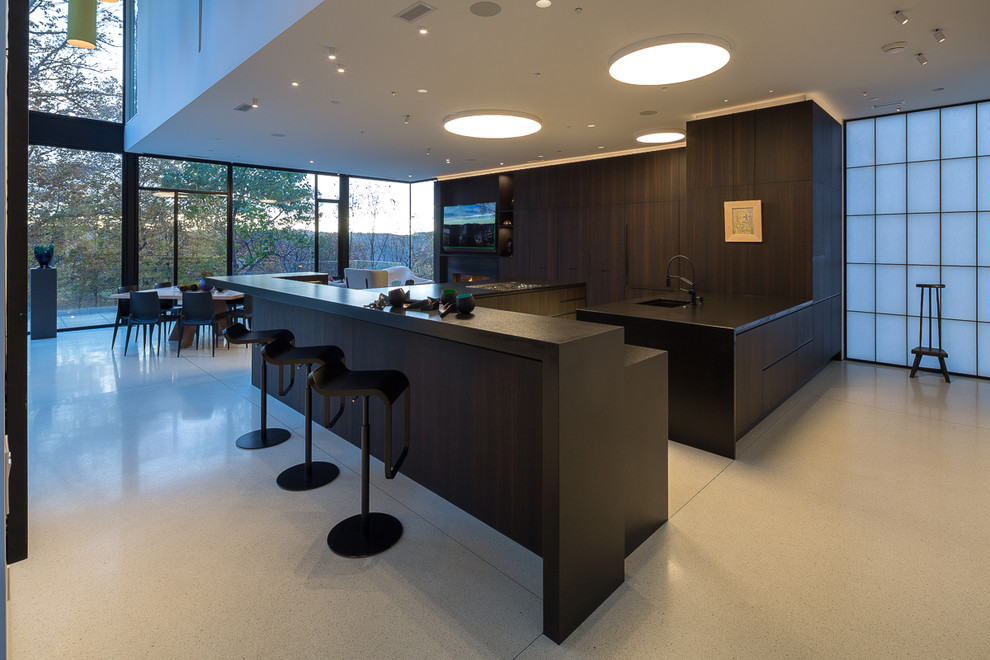 Inspiration for an expansive contemporary u-shaped kitchen in DC Metro with a submerged sink, flat-panel cabinets, dark wood cabinets, granite worktops, black appliances, terrazzo flooring, multiple islands, white floors and black worktops.