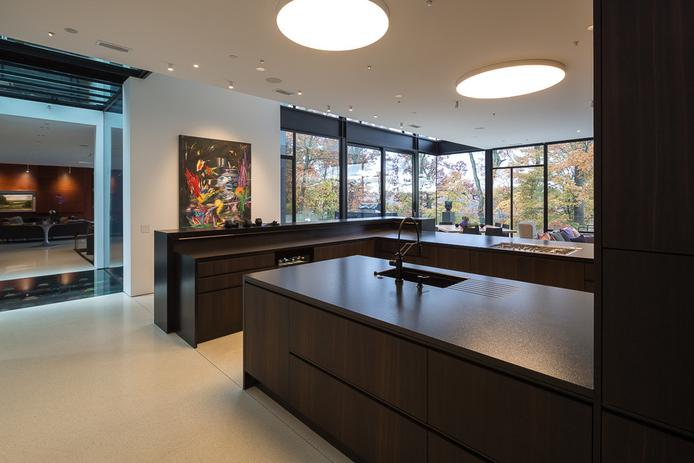 Photo of an expansive contemporary u-shaped kitchen in DC Metro with a submerged sink, flat-panel cabinets, dark wood cabinets, granite worktops, black appliances, terrazzo flooring, multiple islands, white floors and black worktops.