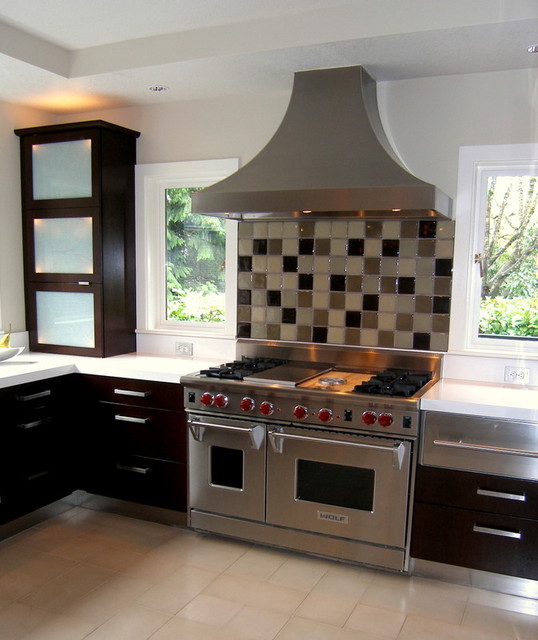Wolf Range with Recycled Glass Backsplash Modern Kitchen Portland
