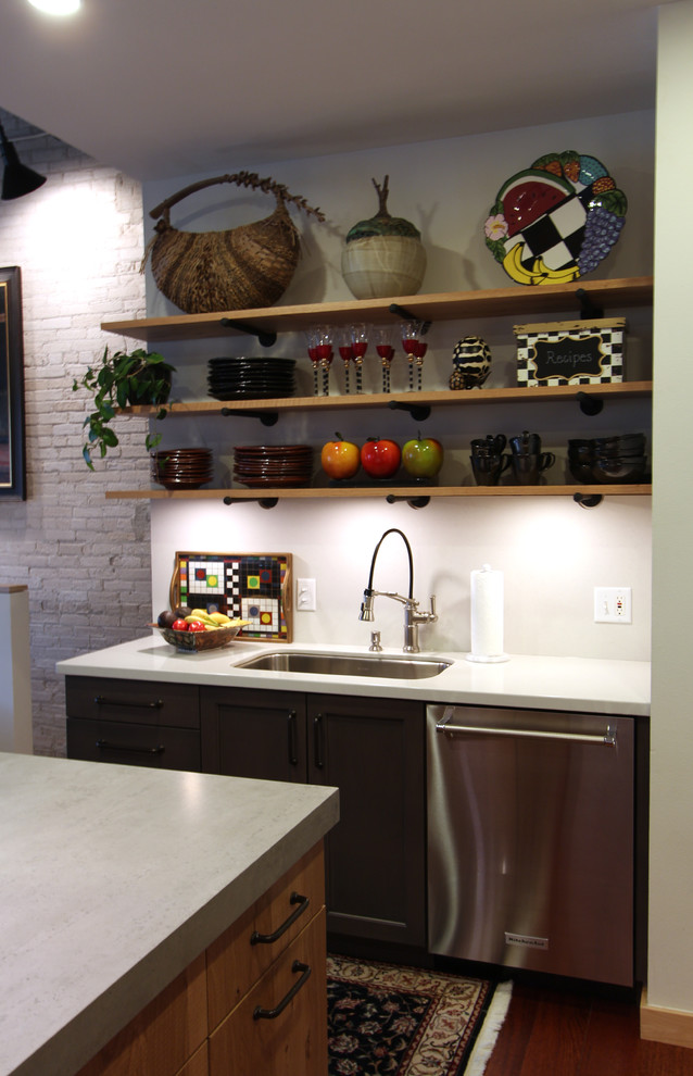 Wood Floating Shelves above Sink Adds Industrial Feeling to Kitchen