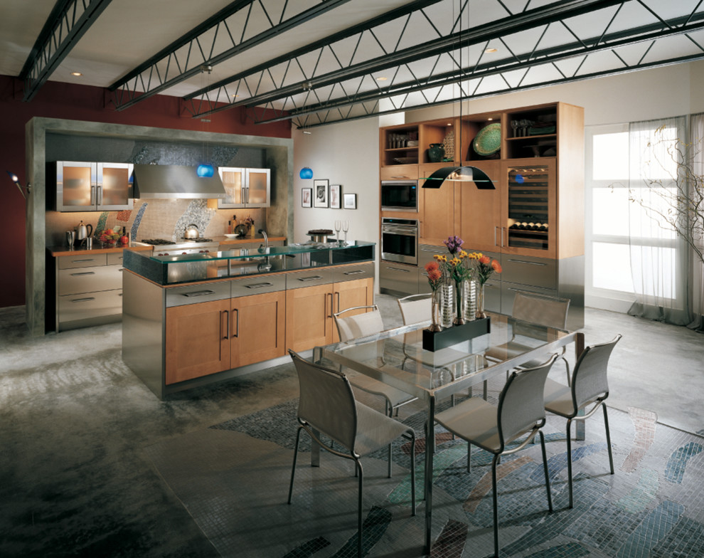 Example of a large minimalist l-shaped concrete floor eat-in kitchen design in Houston with a double-bowl sink, flat-panel cabinets, medium tone wood cabinets, glass countertops, brown backsplash, ceramic backsplash, stainless steel appliances and an island
