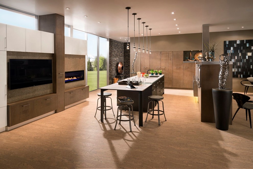 This is an example of a medium sized modern l-shaped kitchen/diner in Houston with a built-in sink, flat-panel cabinets, brown cabinets, composite countertops, brown splashback, ceramic splashback, stainless steel appliances, light hardwood flooring and an island.