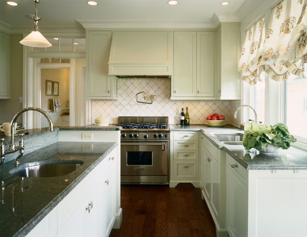 Design ideas for a classic kitchen in Boston with stainless steel appliances and a double-bowl sink.