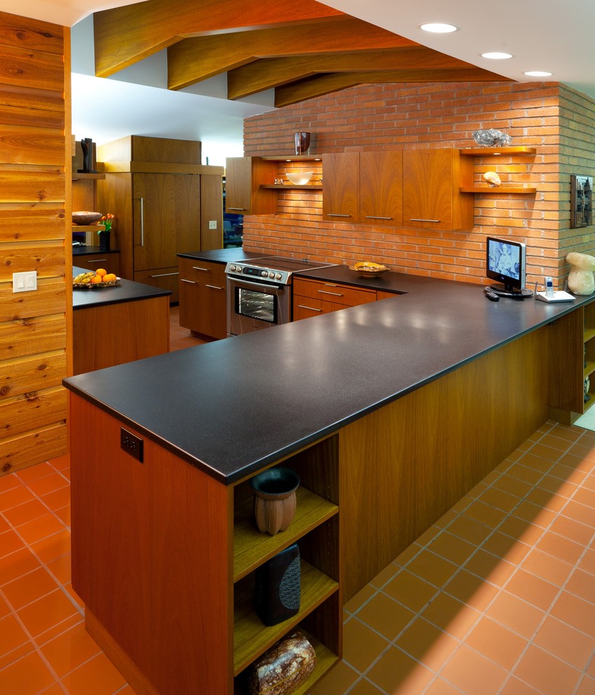 Immagine di una cucina minimal chiusa con ante lisce, ante in legno scuro, paraspruzzi rosso e elettrodomestici da incasso