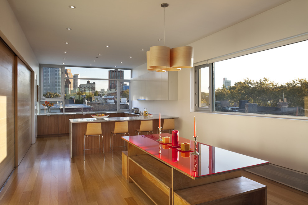 Moderne Wohnküche in U-Form mit flächenbündigen Schrankfronten in New York
