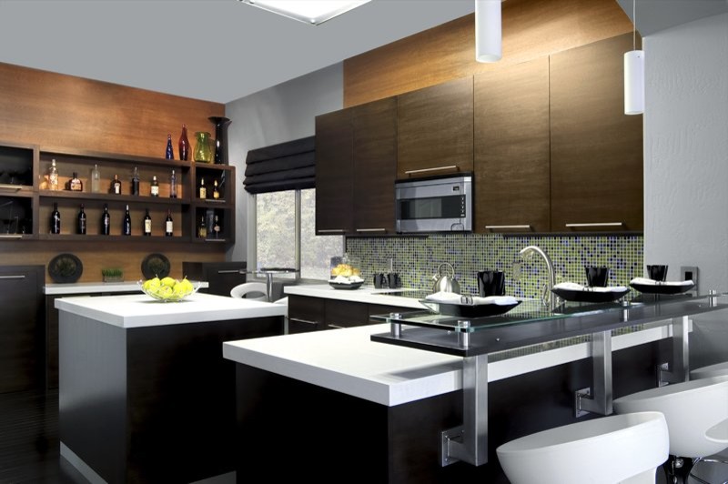 This is an example of a medium sized contemporary u-shaped enclosed kitchen in Phoenix with a submerged sink, flat-panel cabinets, dark wood cabinets, engineered stone countertops, multi-coloured splashback, mosaic tiled splashback, stainless steel appliances, dark hardwood flooring and an island.