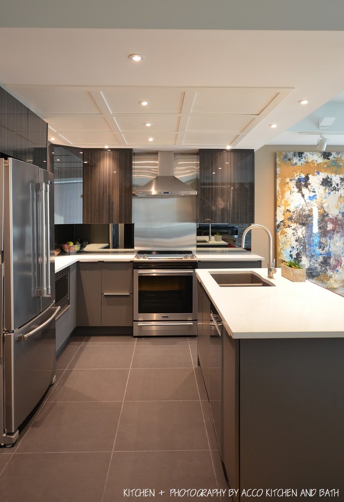 Inspiration for a small modern l-shaped open plan kitchen in Ottawa with a submerged sink, flat-panel cabinets, black cabinets, engineered stone countertops, grey splashback, glass sheet splashback, stainless steel appliances, porcelain flooring, an island, black floors and white worktops.