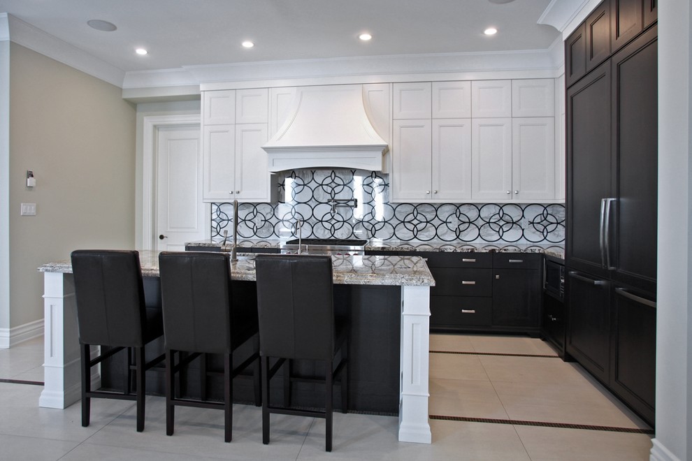 Example of a large transitional single-wall eat-in kitchen design in Toronto with a double-bowl sink, white cabinets, granite countertops, gray backsplash, stainless steel appliances and an island