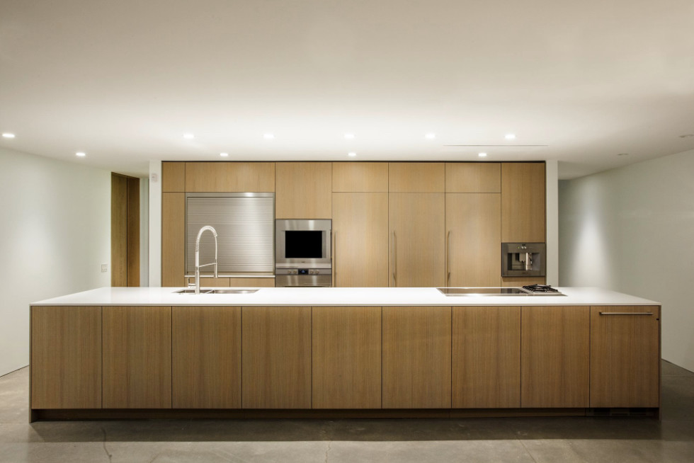 Large minimalist galley concrete floor eat-in kitchen photo in Salt Lake City with a double-bowl sink, flat-panel cabinets, light wood cabinets, quartz countertops, stainless steel appliances and an island