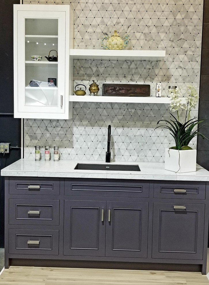 Small contemporary single-wall open plan kitchen in Portland with beaded cabinets, purple cabinets, tile countertops, multi-coloured splashback, marble splashback, no island and yellow worktops.