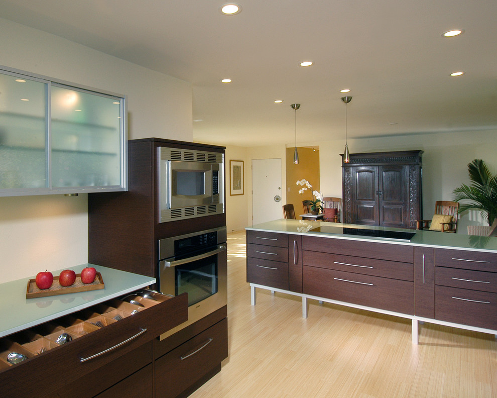 Источник вдохновения для домашнего уюта: кухня-гостиная в современном стиле с стеклянными фасадами